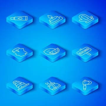 Set line Stack hot stones, Lemon, Aroma diffuser, Sauna, mitten, Wooden log Stockillustratie