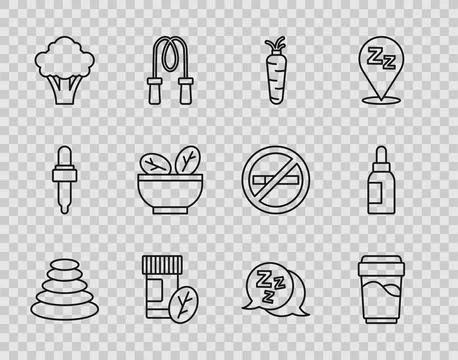 Set line Stack hot stones, Glass with water, Carrot, Vitamin pill, Broccoli,  Stock Illustration