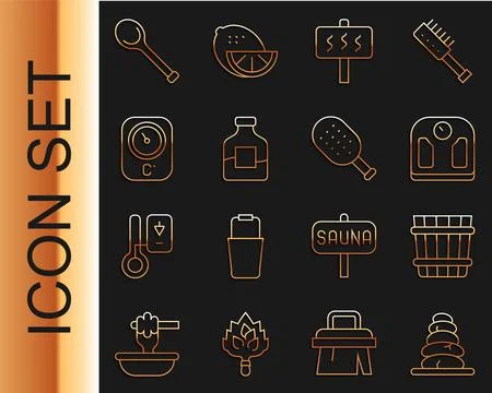 Set line Stack hot stones, Sauna bucket, Bathroom scales, Bottle of vodka, th Stockillustratie
