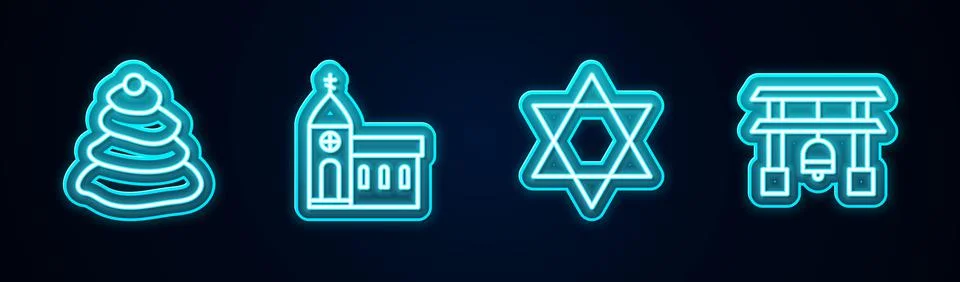 Set line Stack hot stones, Church building, Star of David and Japan Gate. Glo Ilustración de archivo