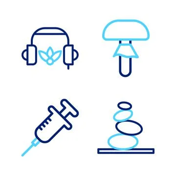 Set line Stack hot stones, Syringe, Mushroom and Headphones for meditation ic 스톡 일러스트