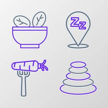 Set line Stack hot stones, Carrot fork, Sleepy and Salad in bowl icon. Vector Stock Illustration