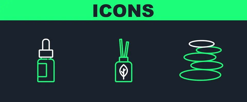 Set line Stack hot stones, Essential oil bottle and Aroma diffuser icon. Vector Illustrazione stock