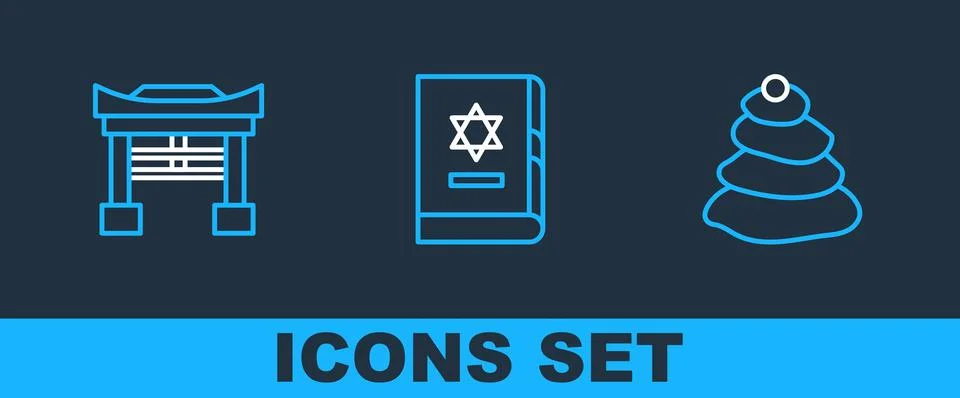 Set line Stack hot stones, Japan Gate and Jewish torah book icon. Vector Stock Illustration