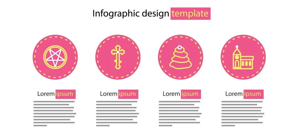 Set line Stack hot stones, Church building, Christian cross and Pentagram circle Stockillustratie