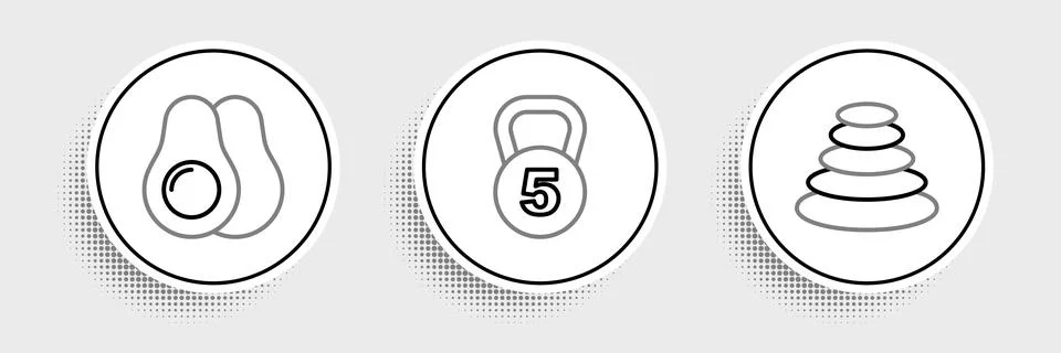 Set line Stack hot stones, Avocado fruit and Weight icon. Vector Stock Illustration