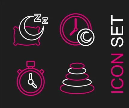 Set line Stack hot stones, Stopwatch, Time sleep and icon. Vector Stock Illustration
