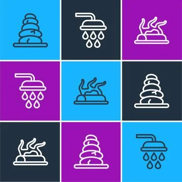 Set line Stack hot stones, Campfire and Shower icon. Vector Stock Illustration