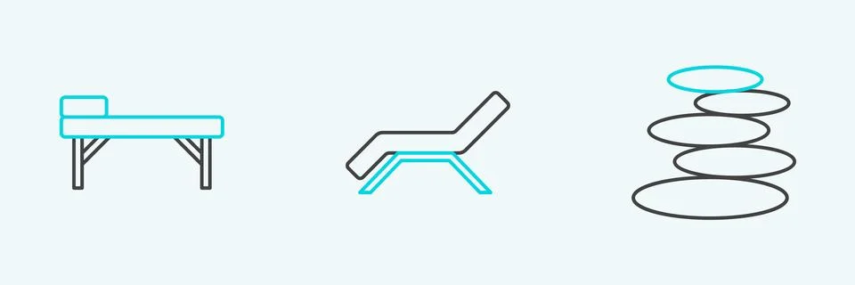 Set line Stack hot stones, Massage table and Sunbed and umbrella icon. Vector Stock Illustration
