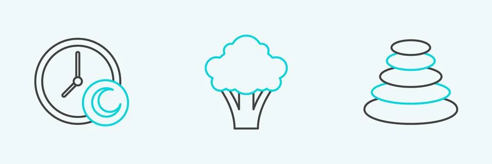 Set line Stack hot stones, Time sleep and Broccoli icon. Vector Stock Illustration