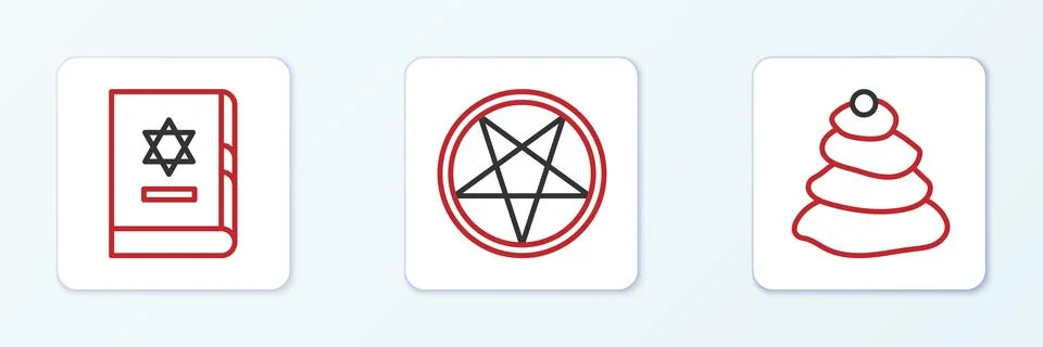 Set line Stack hot stones, Jewish torah book and Pentagram in circle icon. .. イラスト素材