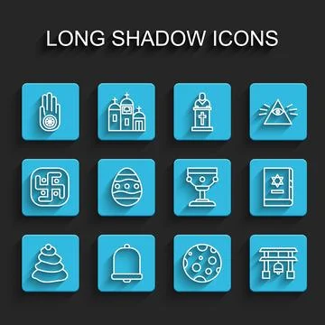Set line Stack hot stones, Church bell, Jainism or Jain Dharma, Moon, Japan.. Stock Illustration
