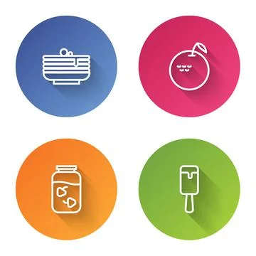 Set line Stack of pancakes, Apple, Strawberry jam jar and Ice cream. Color Stock Illustration