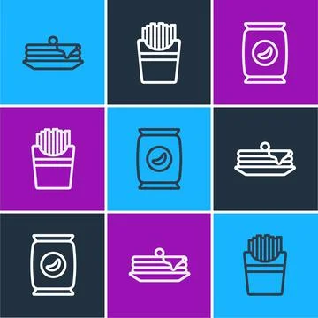 Set line Stack of pancakes, Bag or packet potato chips and Potatoes french fries Stock Illustration