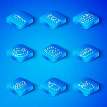 Set line Stack of pancakes, Bag or packet potato chips, Milkshake, Chicken Stock Illustration