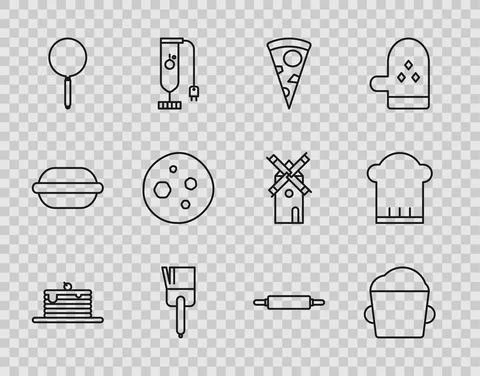 Set line Stack of pancakes, Bakery bowl dough, Slice pizza, Kitchen brush Stock Illustration