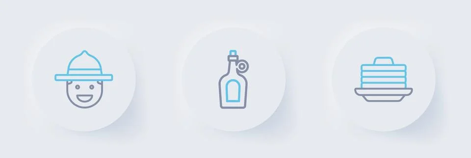 Set line Stack of pancakes, Bottle maple syrup and Canadian ranger hat icon.. Stock Illustration