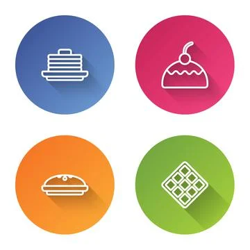 Set line Stack of pancakes, Cake, Homemade pie and Waffle. Color circle button Stock Illustration