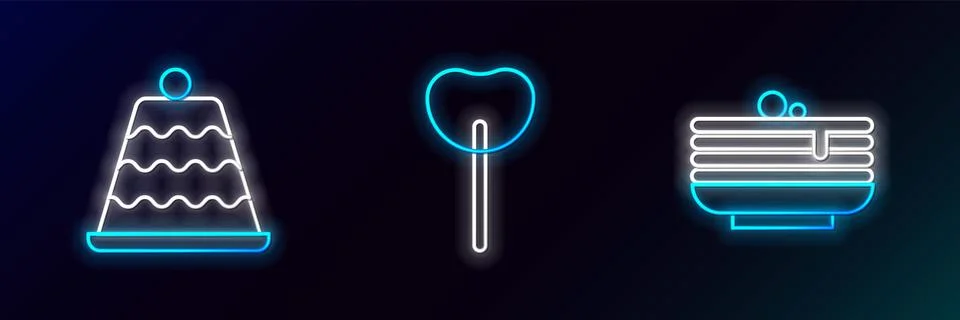 Set line Stack of pancakes, Cake and Lollipop icon. Glowing neon. Vector Illustrazione stock