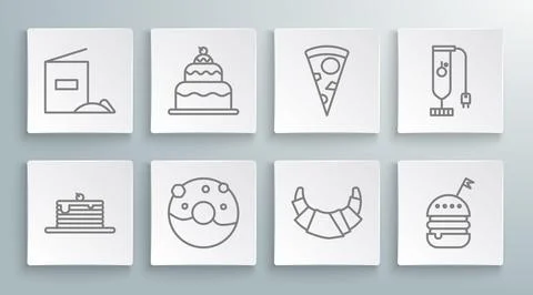 Set line Stack of pancakes, Cake, Donut with sweet glaze, Croissant, Burger Illustrazione stock