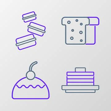 Set line Stack of pancakes, Cake, Bread toast and Macaron cookie icon. Vector イラスト素材