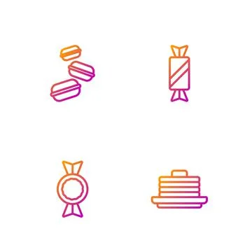 Set line Stack of pancakes, Candy, Macaron cookie and . Gradient color icons Stock Illustration