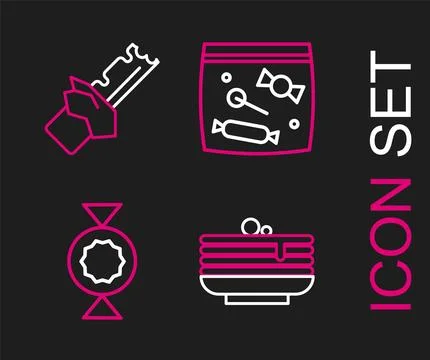 Set line Stack of pancakes, Candy, packaging for sweets and Bitten chocolat.. Stock Illustration