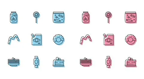 Set line Stack of pancakes, Candy, Cherry jam jar, Piece, packaging for swe.. Stockillustratie