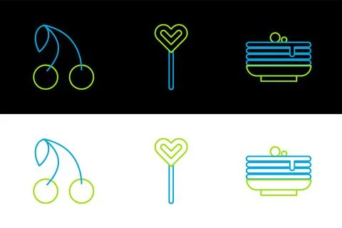 Set line Stack of pancakes, Cherry and Lollipop icon. Vector Illustrazione stock