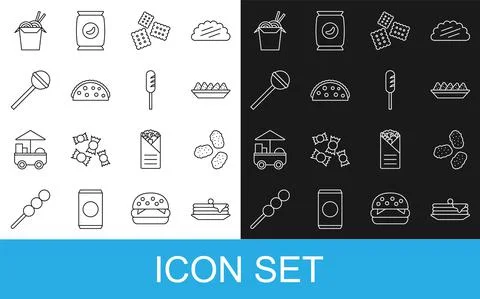 Set line Stack of pancakes, Chicken nuggets, Nachos in plate, Cracker biscuit Stockillustratie