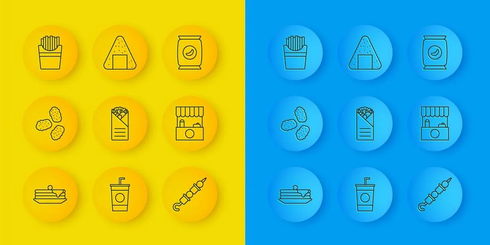 Set line Stack of pancakes, Chicken nuggets, Doner kebab, Grilled shish, Street Stock Illustration