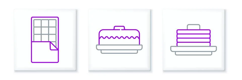 Set line Stack of pancakes, Chocolate bar and Cake icon. Vector Illustrazione stock