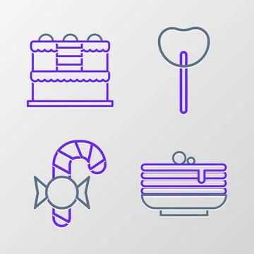 Set line Stack of pancakes, Christmas candy cane, Lollipop and Cake icon. Vector Illustrazione stock