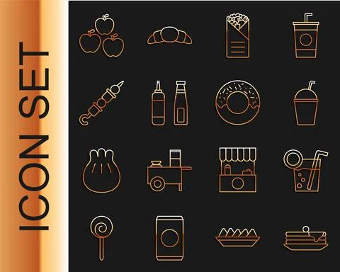 Set line Stack of pancakes, Cocktail, Milkshake, Doner kebab, Sauce bottle イラスト素材