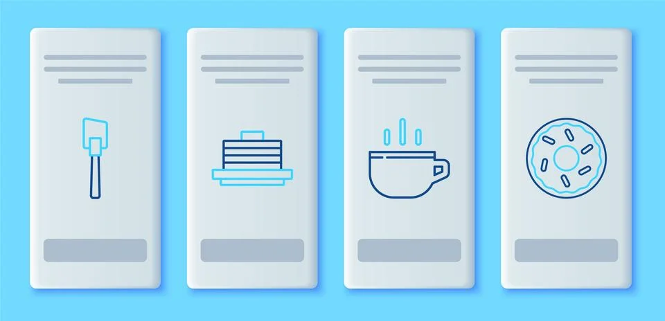 Set line Stack of pancakes, Coffee cup, Spatula and Donut icon. Vector Illustrazione stock