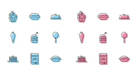 Set line Stack of pancakes, Cookbook, Cupcake, Homemade pie, Burger, Frying.. Illustrazione stock