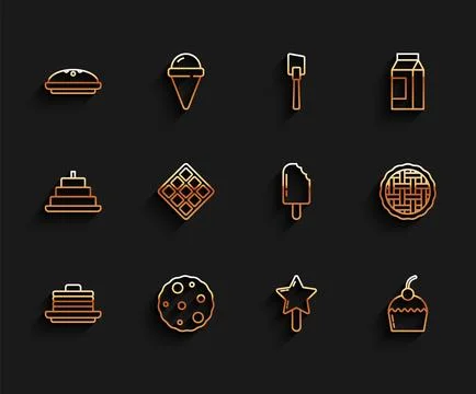 Set line Stack of pancakes, Cookie or biscuit, Homemade pie, Lollipop, Cake Stock Illustration