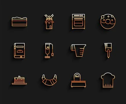 Set line Stack of pancakes, Croissant, Brownie chocolate, Scales, Chef hat, B 스톡 일러스트