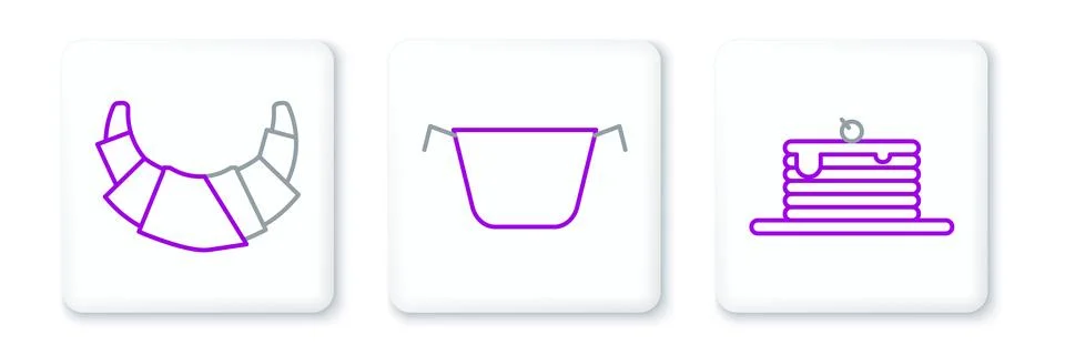 Set line Stack of pancakes, Croissant and Cooking pot icon. Vector Illustrazione stock
