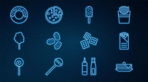 Set line Stack of pancakes, Doner kebab, Ice cream, Chicken nuggets, Cotton Stock Illustration