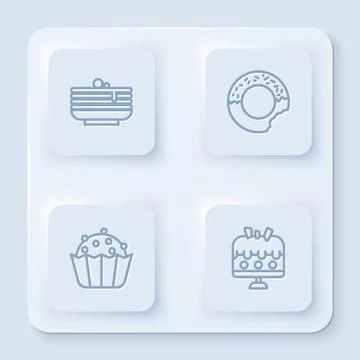 Set line Stack of pancakes, Donut, Cupcake and Cake plate. White square button Stock Illustration