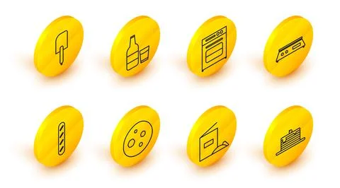 Set line Stack of pancakes, Flour pack, Cookie or biscuit with chocolate, F.. Stock Illustration