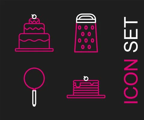 Set line Stack of pancakes, Frying, Grater and Cake icon. Vector イラスト素材