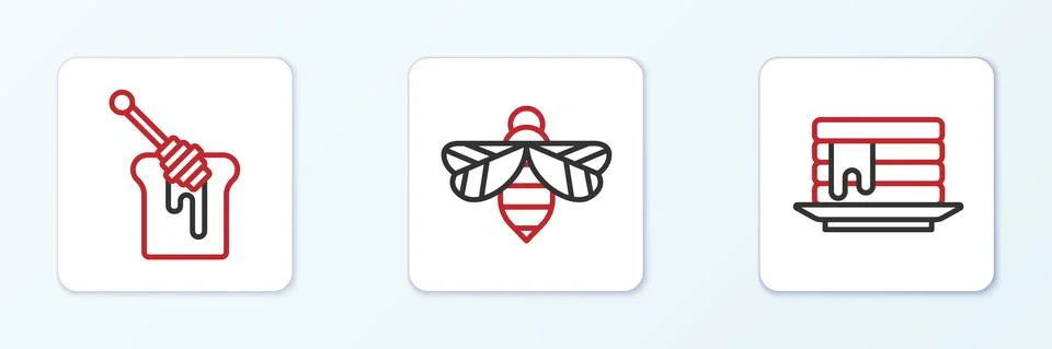 Set line Stack of pancakes, Honey dipper stick with honey and Bee icon. Vector Illustrazione stock