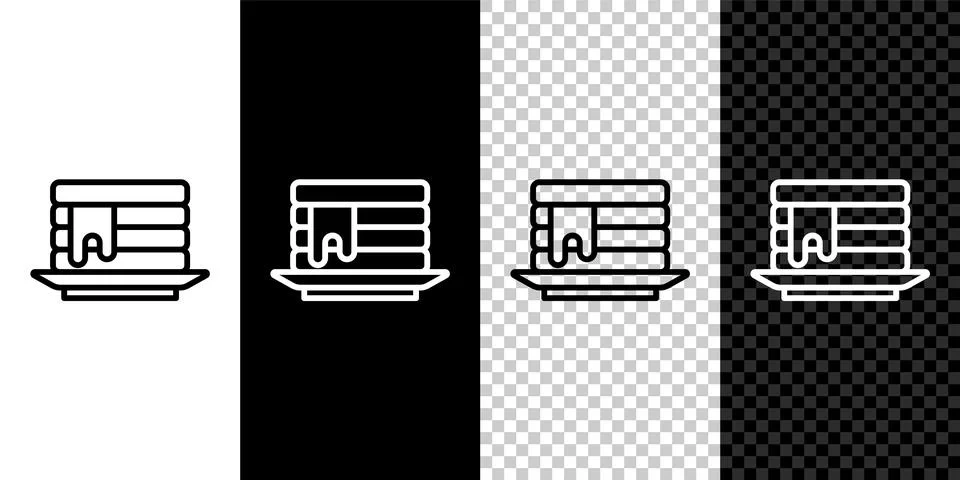 Set line Stack of pancakes with honey icon isolated on black and white, trans Illustrazione stock