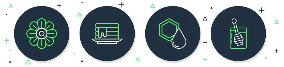 Set line Stack of pancakes, Honeycomb, Flower and dipper stick icon. Vector イラスト素材