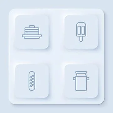 Set line Stack of pancakes, Ice cream, French baguette bread and Can container Stock Illustration