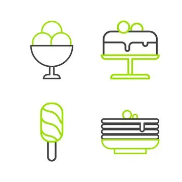 Set line Stack of pancakes, Ice cream, Cake on plate and in bowl icon. Vector Illustrazione stock