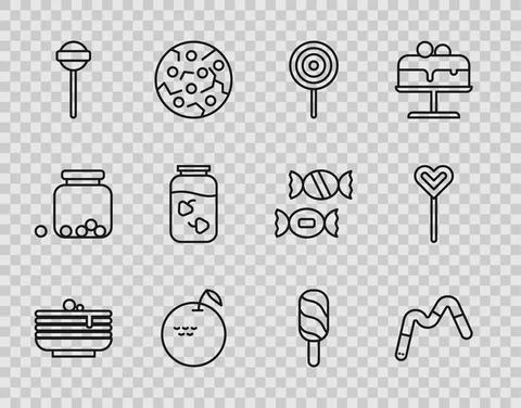 Set line Stack of pancakes, Jelly worms candy, Lollipop, Apple, Strawberry jam Stock Illustration