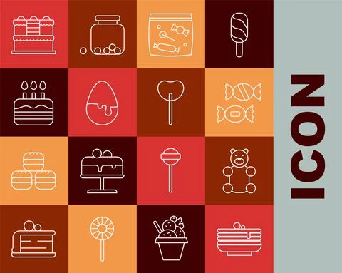 Set line Stack of pancakes, Jelly bear candy, Candy, packaging for sweets Stock Illustration